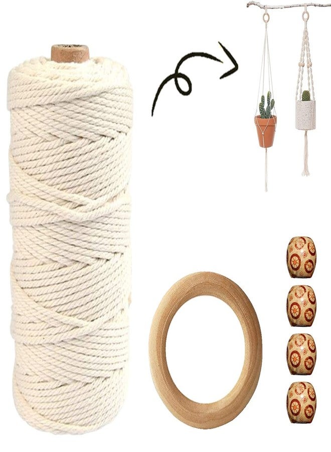 ecofynd Easy Cotton DIY Kit for Plant Hanger | 100 Meter Rope, 3" Wooden Ring (1 Pcs), 15 mm Printed Beads (4 Pcs) Combo Packs for DIY Adult Beginners (KIT004) - Image 1